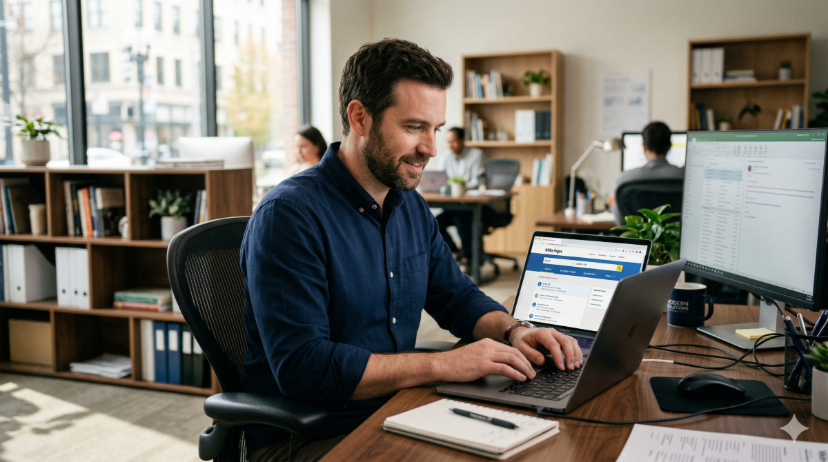 A medium shot captures a bearded man in a blue shirt smiling while typing on a laptop displaying the "Whitepages" website. He is at a wooden desk with a large monitor showing a spreadsheet, a notebook, and a mug. Large windows light the modern open-plan office behind him, where bookshelves and other blurred workers are visible.