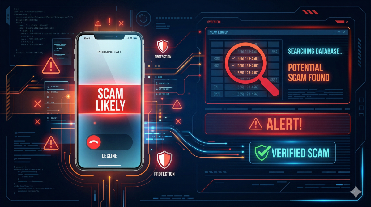 A modern smartphone with a dark screen is positioned against a background filled with glowing data streams, circuit board patterns, and various holographic icons in red, orange, and blue. The phone display clearly shows the words "SCAM LIKELY" in large, prominent white letters within a bright red banner. Below that, it says "INCOMING CALL" with a red "DECLINE" button. The background includes a large magnifying glass icon over a list of numbers, warning triangles, and panels with text like "SEARCHING DATABASE," "POTENTIAL SCAM FOUND," and a green checkmark indicating "VERIFIED SCAM." The overall style is futuristic and tech-oriented, like a science-fiction interface.