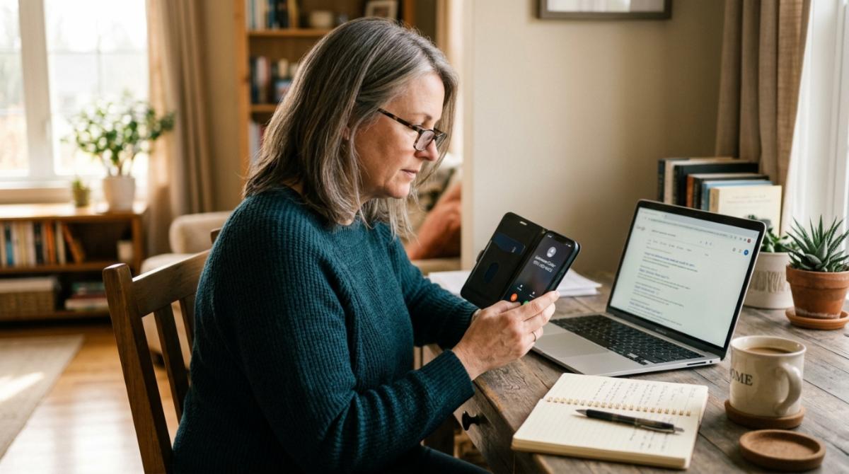 A middle-aged woman with glasses and grey-highlighted hair sits at a wooden desk in a bright, cozy home office, looking thoughtfully at an incoming call on her smartphone. In front of her on the desk are a laptop displaying a light webpage, an open spiral notebook with a pen, a potted succulent, and a coffee mug.