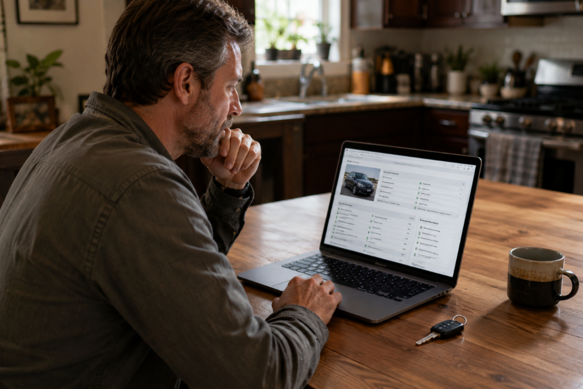 Middle-aged man sitting at a kitchen table using a laptop to review a vehicle history report, with car keys and a coffee mug nearby in a warmly lit home kitchen.