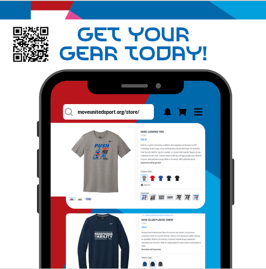 Preview of Move United online shore showcasing a t shirt saying push what's possible and a long sleeve saying Redefining Disability