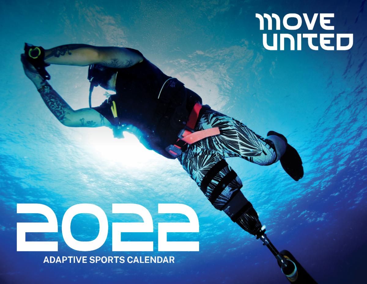 Move United 2022 Adaptive Sports Calendar Cover, Scuba diver under water with single below knee amputation