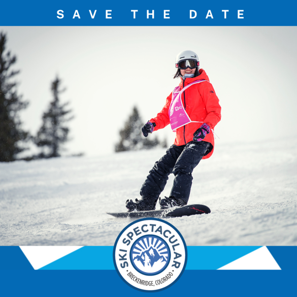 Ski Spectacular Save the Date with image of Snowboarder Katy Maddry on hill