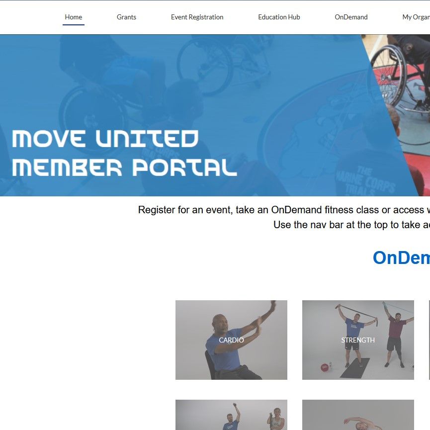 Screen shot of Move United member portal with menu items