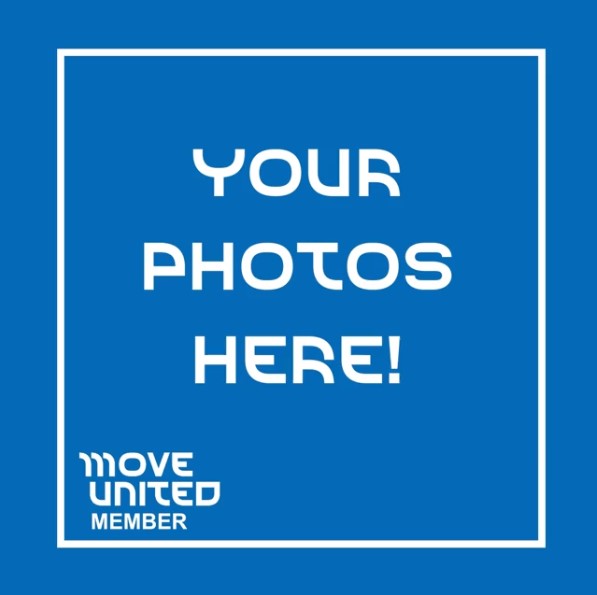 Blue box with white writing that says "Your Photos Here!" with while Move United Member logo