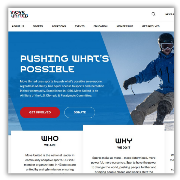 Screenshot of Move United homepage text and images
