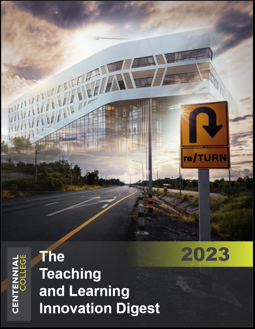 A road leading to Centennial College's soon to be Building A, at Progress Campus. The road is paved with fresh cement and there are trees, light poles and grass surrounding the empty road. On the right hand side there is a sign that is yellow with an arrow turned around and at the bottom of the sign is the word 're/Turn'.