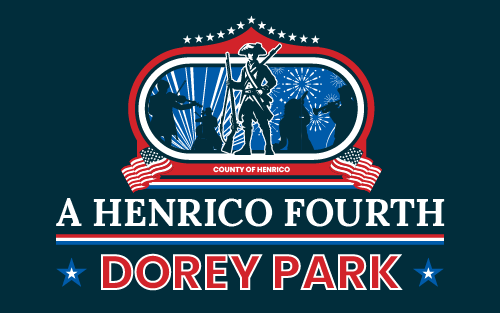 Soldier with symphony and lasers and fireworks in the background with American flags. Text: A Henrico Fourth - Dorey Park