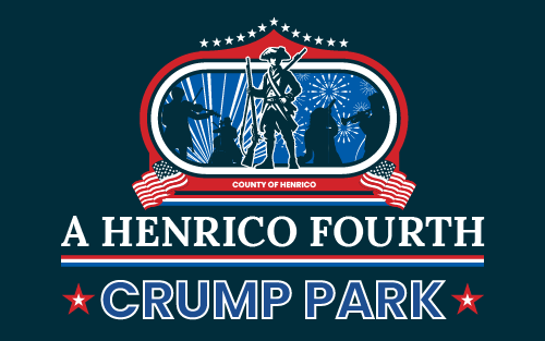 Soldier with symphony and lasers and fireworks in the background with American flags. Text: A Henrico Fourth - Crump Park