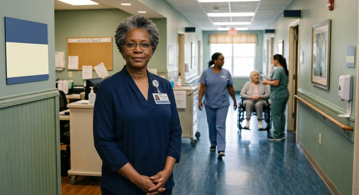 Nursing home administrator at the nurses' station