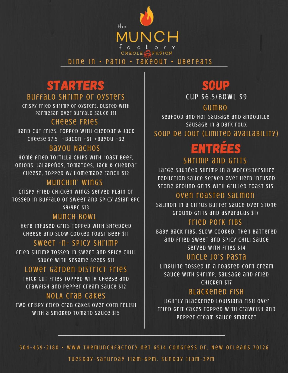 Munch Factory Restaurant Special Edition Menu Come In, We're Open!