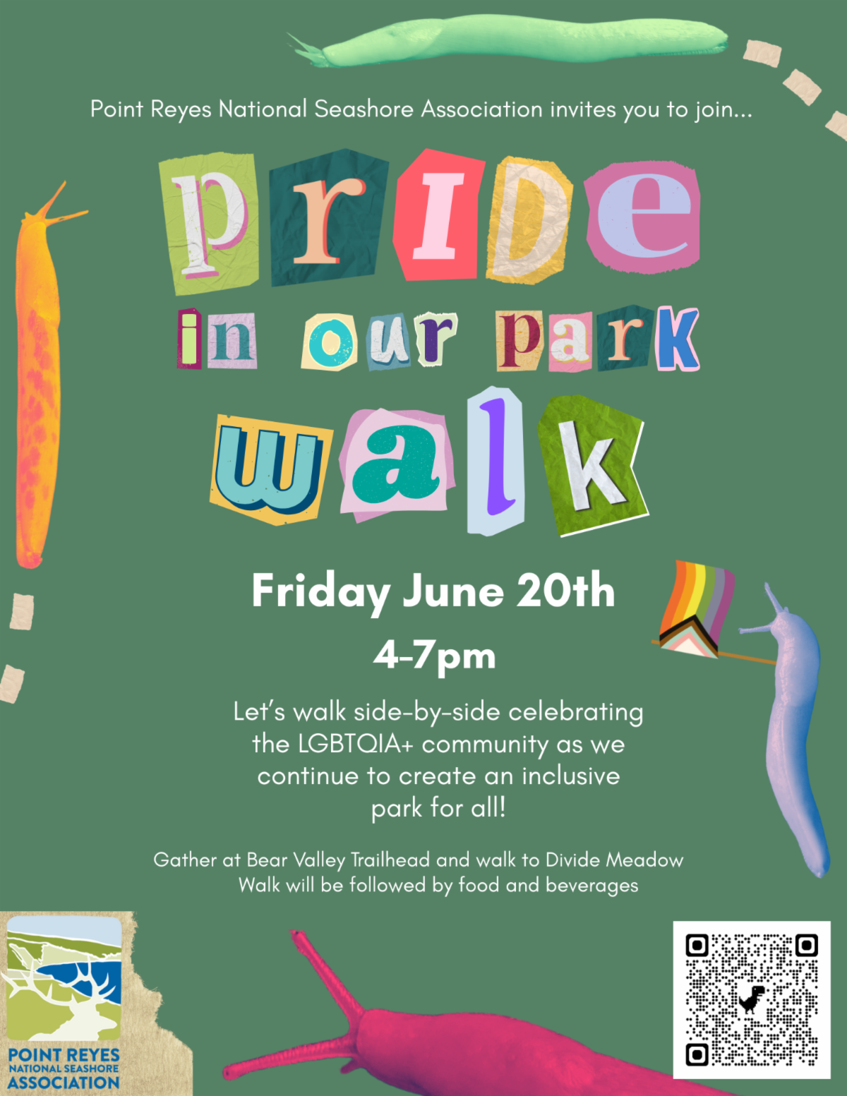 A flyer with a green background and multi-colored slugs reads "Pride in Our Park Walk"