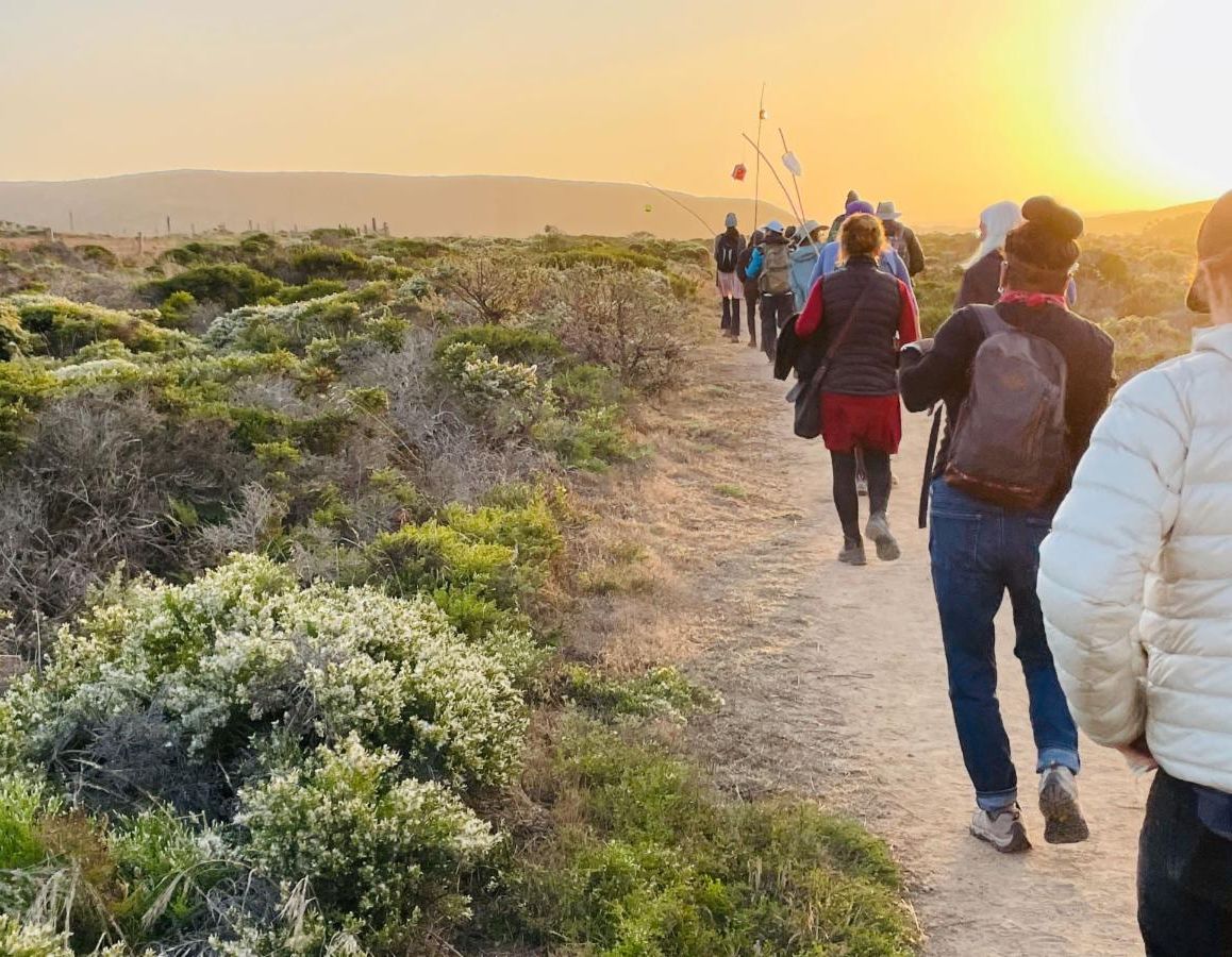  A group of people walk in a single file line along a trail in a scrubby landscape at sunset. 