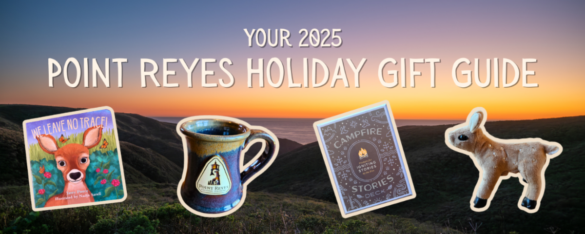 A photo of a sunset in the background with text reading "Your 2025 Point Reyes Holiday Gift Guide" with items highlighted such as a book, mug, and deck of cards