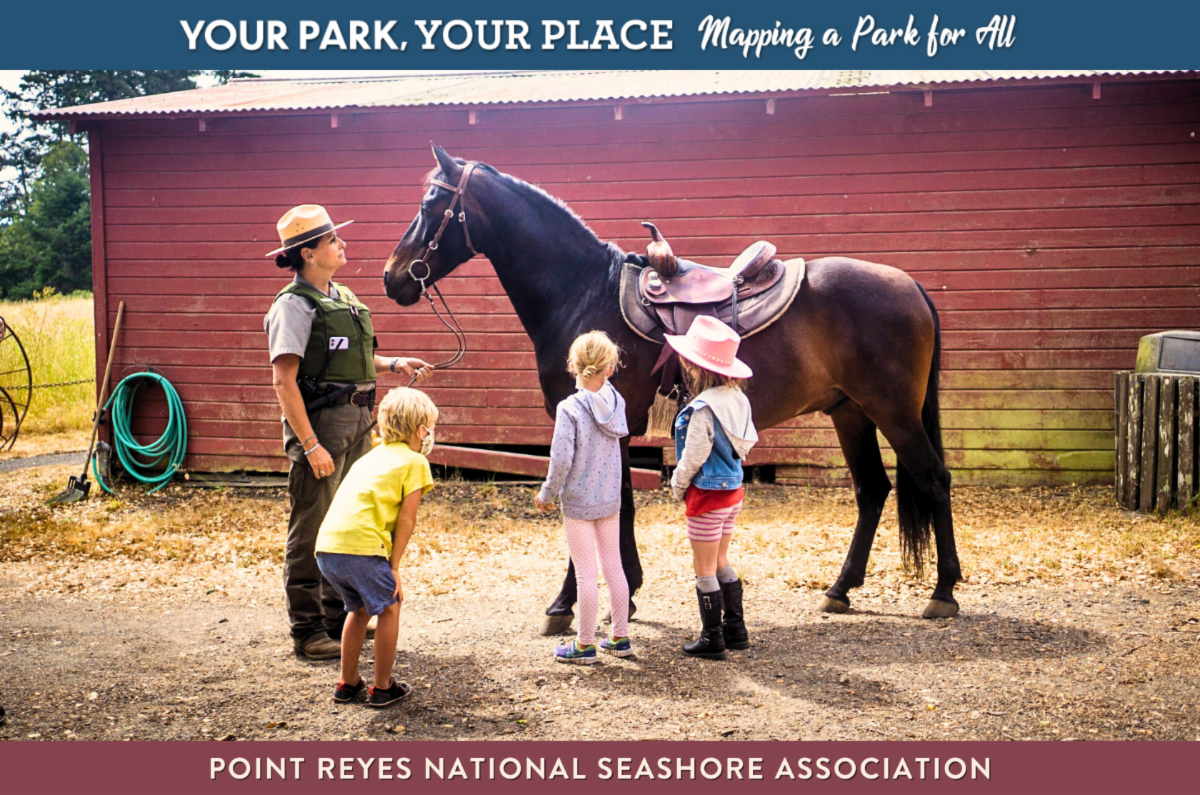A park ranger holding the reins of a horse stands next to three small children. A red barn is in the background. Text reads "Mapping a Park for All, Point Reyes National Seashore Association"