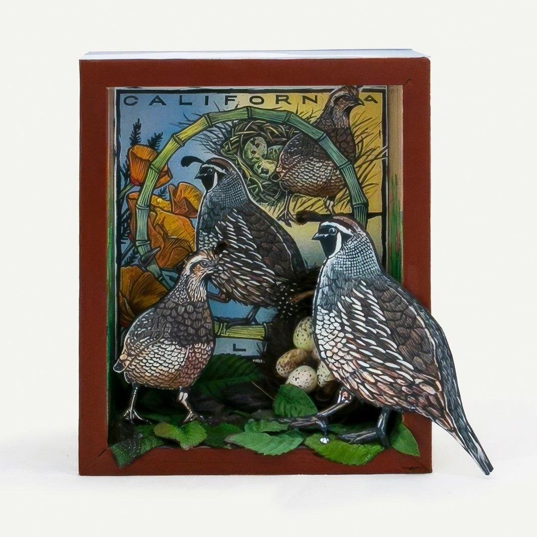 Artwork contained within a box featuring two quail and a nest with eggs