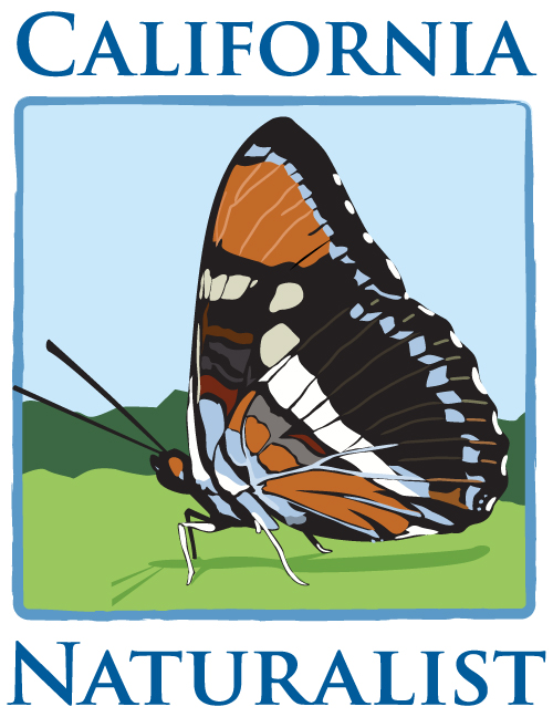 A drawing of an orange black and white butterfly perches on a green background with a blue sky. Text reads California Naturalist