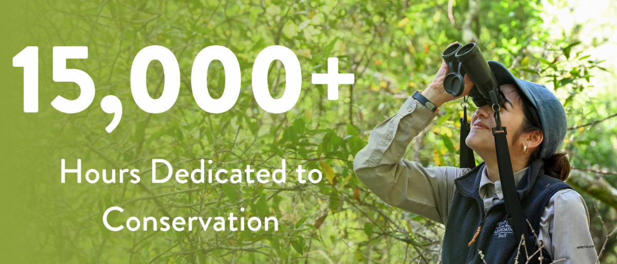 A graphic featuring an image of a young woman wearing a black PRNSA vest looking through binoculars. The text reads "15,000+ hours dedicated to conservation."
