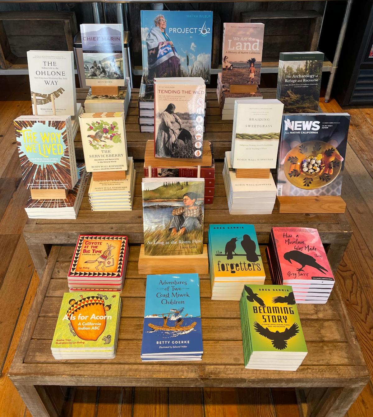 A display of 17 different books on a wood table