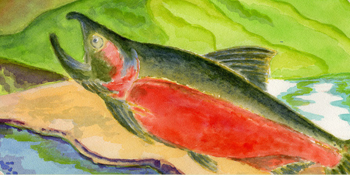 A photo of a work of art in bright colors, featuring a coho salmon, water, and sand