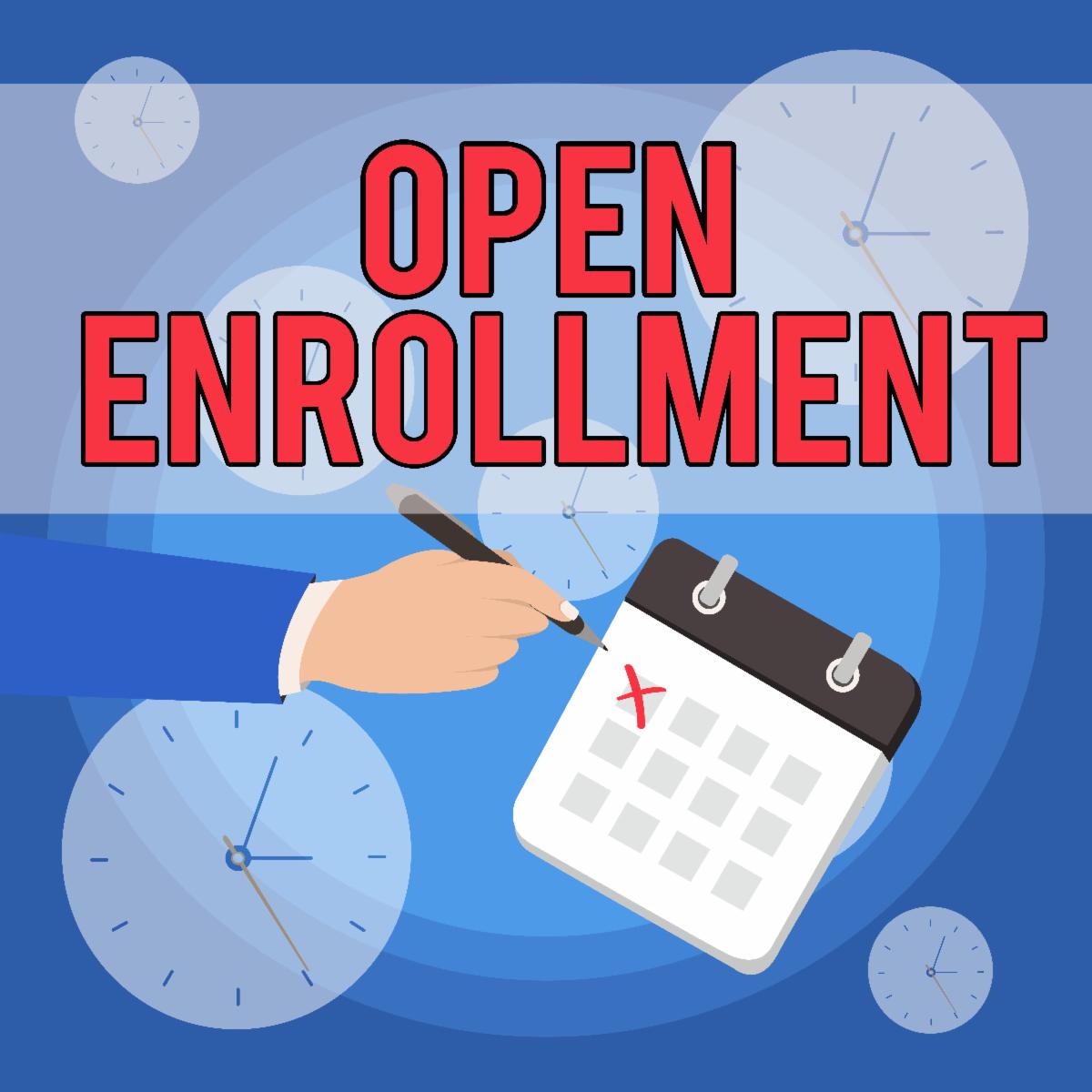 Open Enrollment with a hand marking the calendar