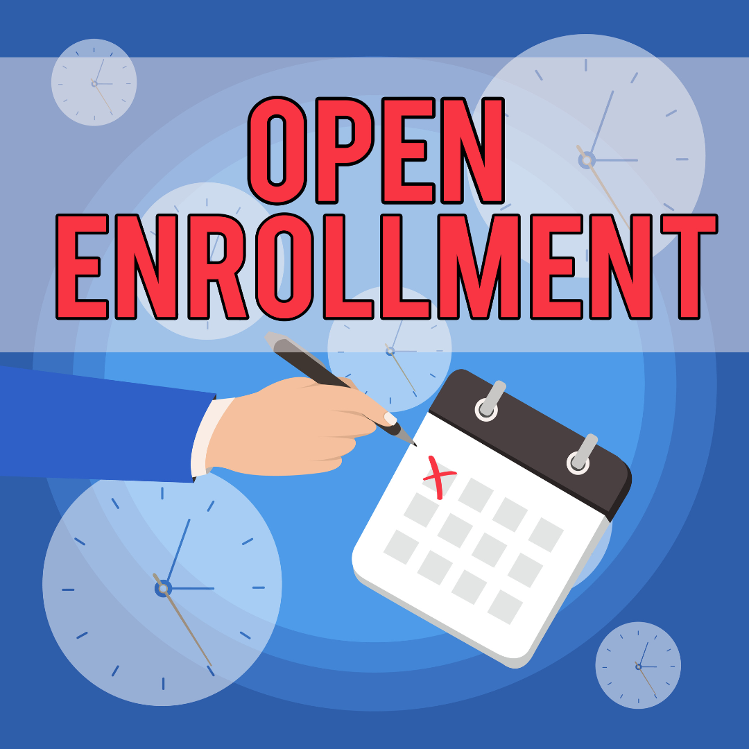 Open Enrollment with a hand marking the calendar