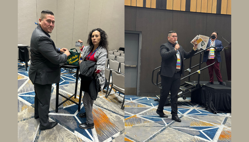 Reggie Robles speaking and receiving swag