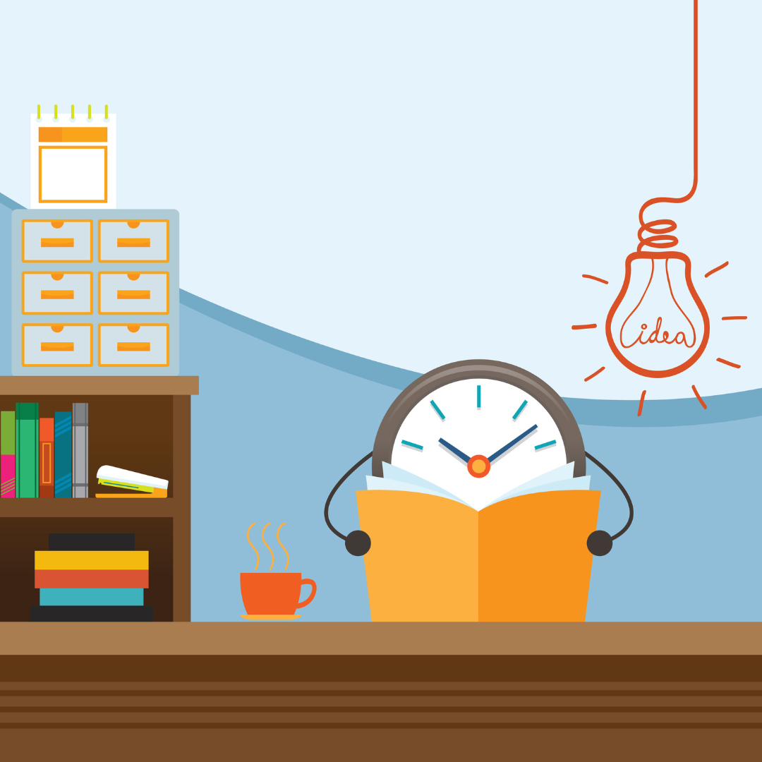 Clock reading a book at a desk with an idea lighbulb
