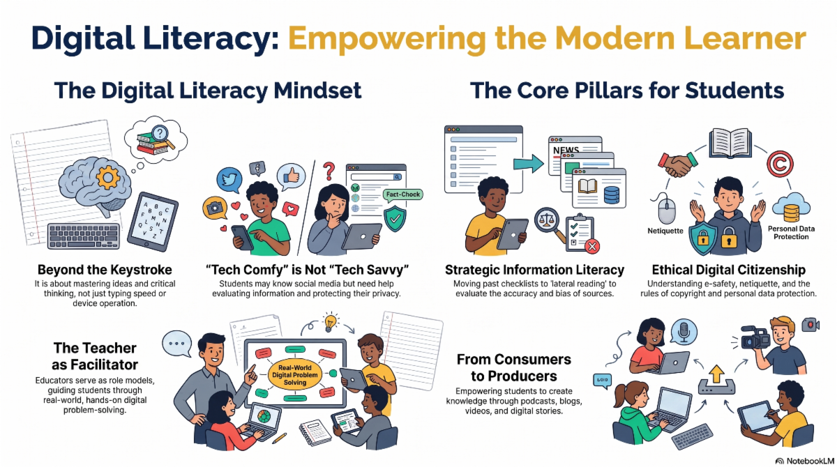 The infographic titled Digital_Literacy_for_Modern_Learners.png outlines key concepts for educating students in the digital age under the heading Digital Literacy: Empowering the Modern Learner. It uses colorful cartoon illustrations to break down four main areas of focus. First, The Digital Literacy Mindset explains that true literacy goes beyond typing skills to include critical thinking and that merely using social media does not equate to being tech-savvy. Second, The Core Pillars for Students emphasizes the need for strategic information literacy to evaluate sources for bias and ethical digital citizenship which covers safety, copyright, and data protection. Third, The Teacher as Facilitator shows an educator guiding a group of students collaboratively solving real-world digital problems. Finally, From Consumers to Producers depicts students actively creating their own media such as podcasts, blogs, and videos to share knowledge.