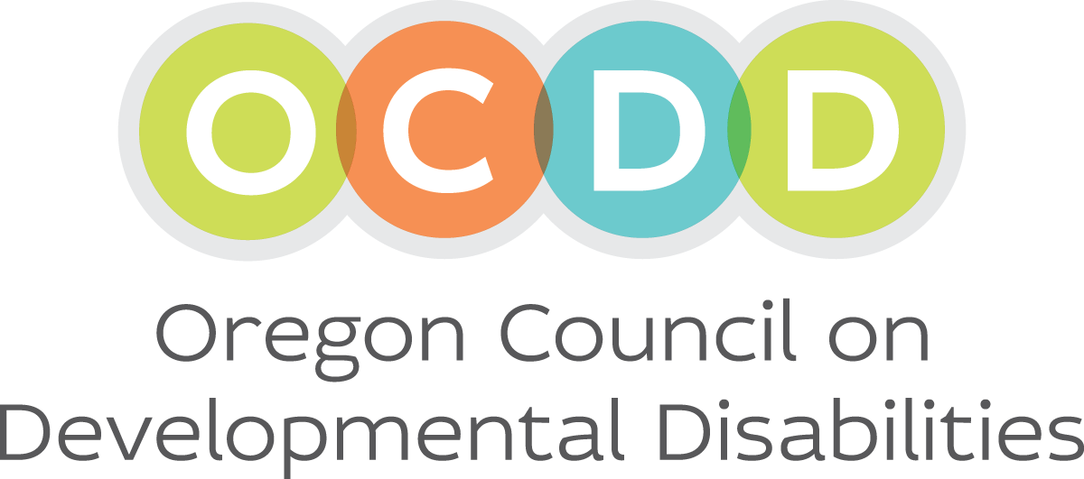 Image of the OCDD logo which has a four circles with the letters O C D D inside it with the words Oregon Council on Developmental Disabilities underneath