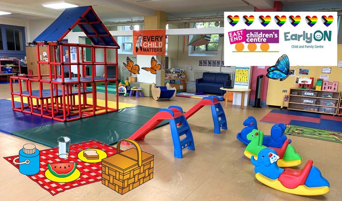 children's indoor play space with a climbing structure to the left and rocking horses and toddler slides to the right and clipart Pride hearts and butterflies and a picnic imposed on the photo