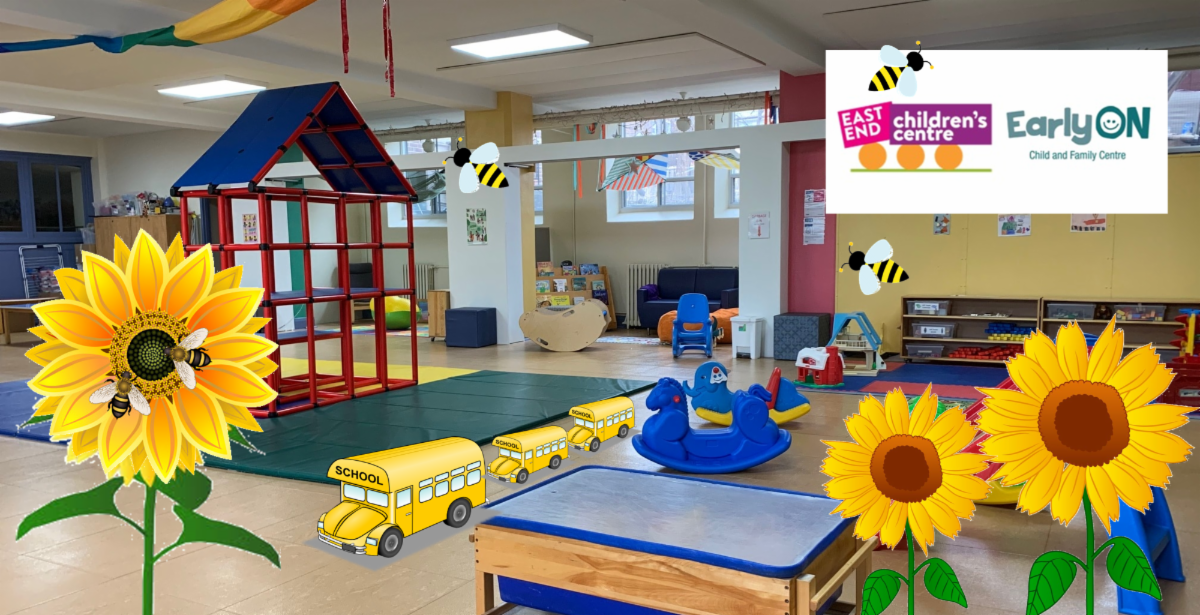 children's indoor play space with climbing structure to the left and cliparts of sunflowers and bees and school buses added