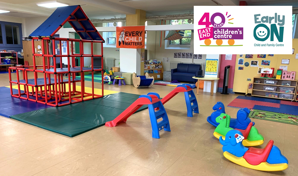 Children's indoor place space with a climbing structure to the left and toddler slides and rocking horses to the right with logos for East End Children's Centre and EarlyON at the top right corner