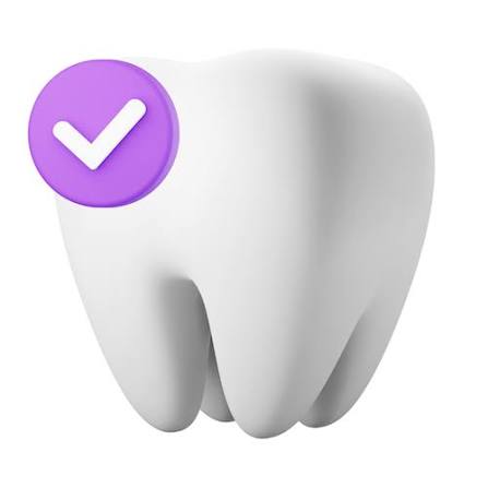 a tooth with a purple check mark in the top left corner