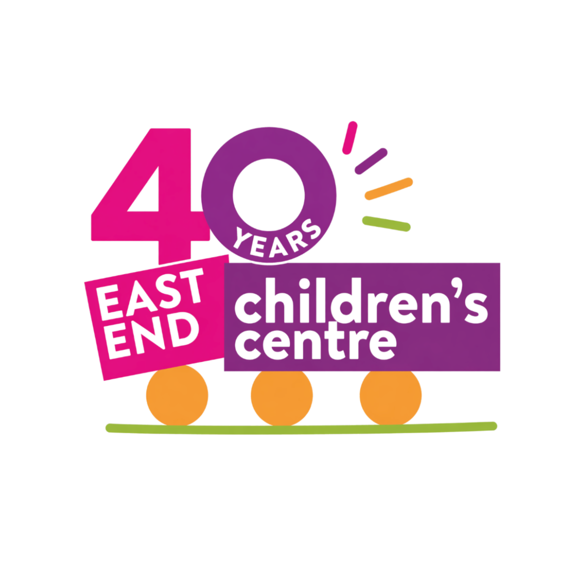 The Number 40 contains the word years over a graphic of a train like vehicle where the words East End and Children's Centre are displayed This is East End Children's Centre's 40th anniversary logo