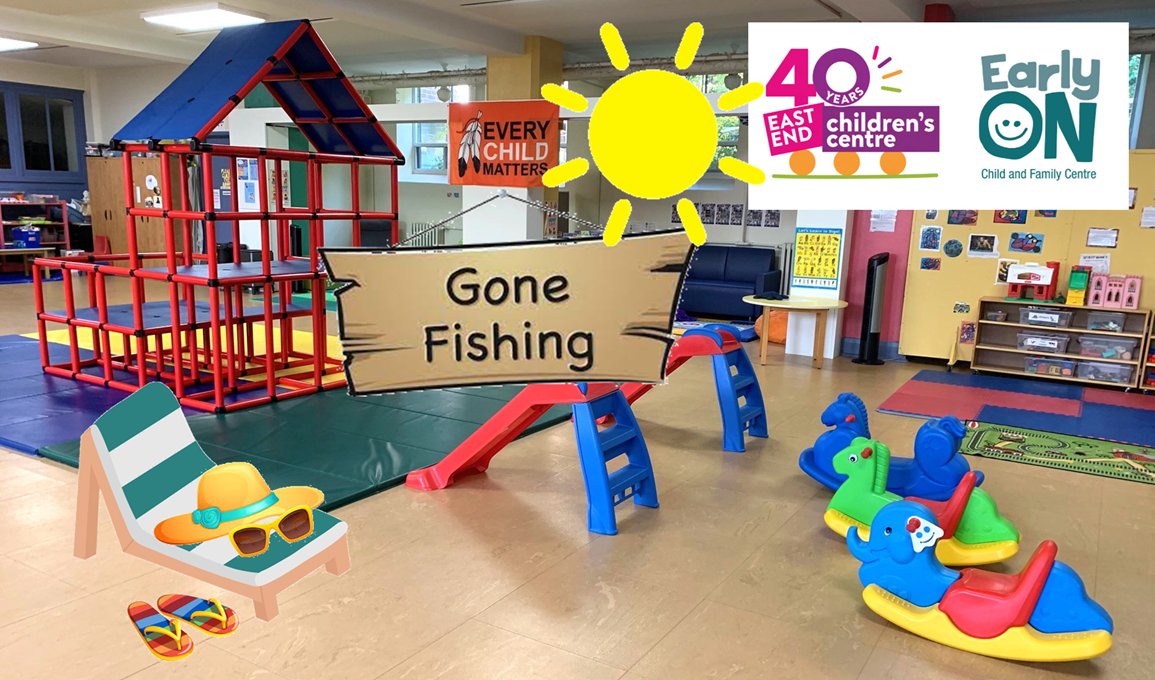 children's indoor play space with a climbing structure to the left and some toddler slides and rocking horses to the right with cliparts depicting summer holidays including a bright sun and some flipflops and a sign that says Gone Fishing