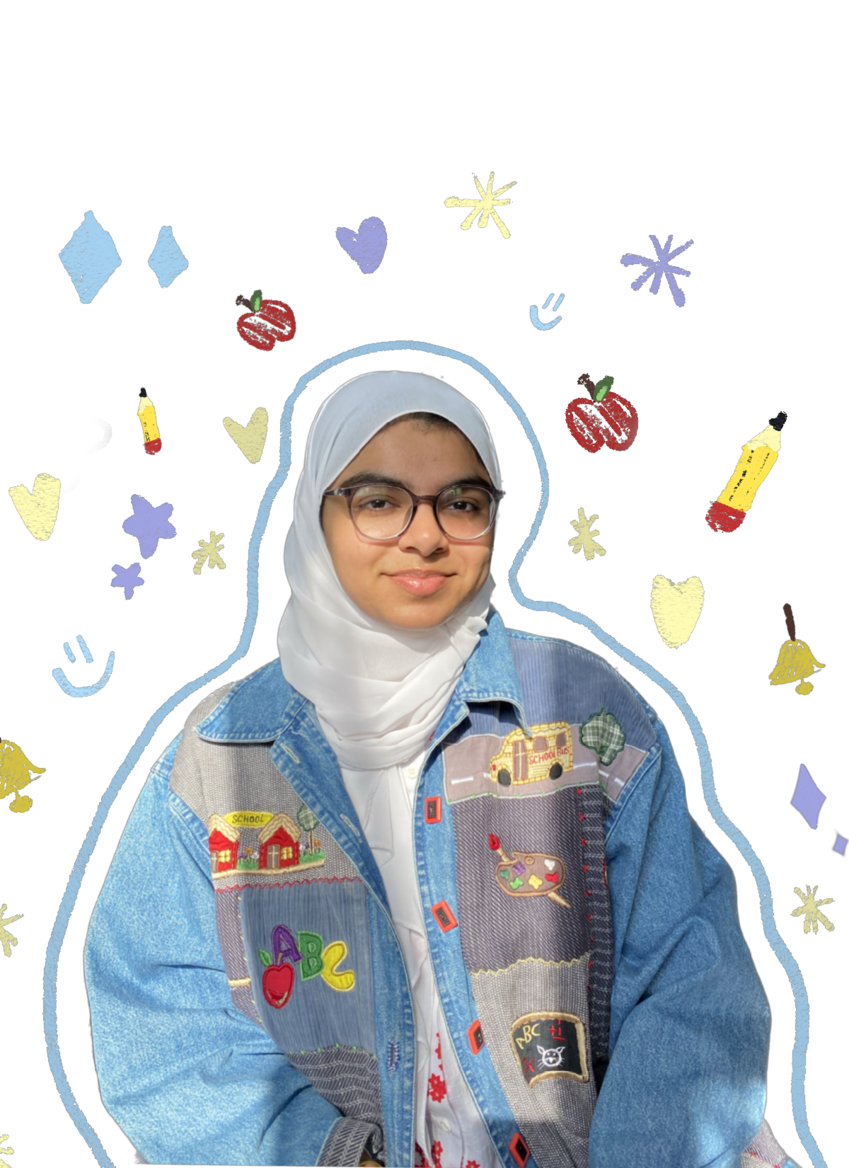 Brown person wearing a white head scarf and a blue jean jacket with embossed images on the front and glasses smiles while surrounded by a background of fun clip art images