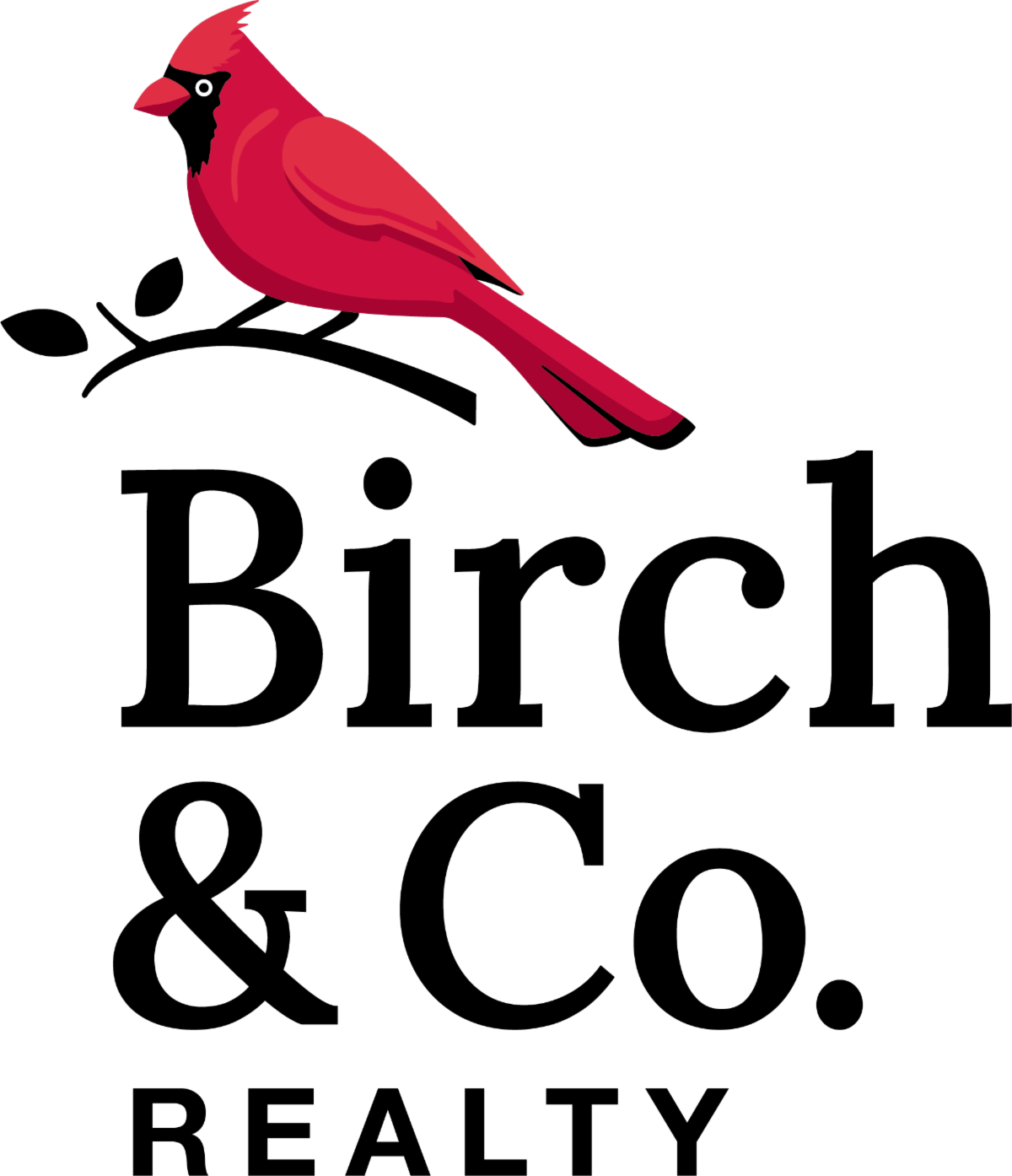 Cardinal perches on a branch over the words Birch and Company Realty
