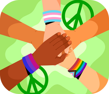 five arms and hands in diverse skin tones stacked like wheel spokes with peace symbols and wrist bands depicting PRIDE and TRANS PRIDE flags