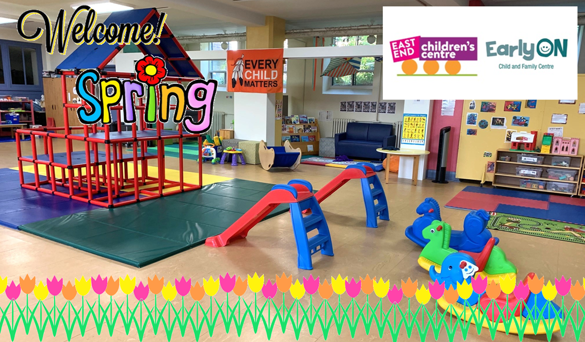 children's indoor play space with large red and blue climbing structure to the left and toddler slides with rocking horses to the right and tulip cliparts across the bottom in the foreground and text reading Welcome Spring
