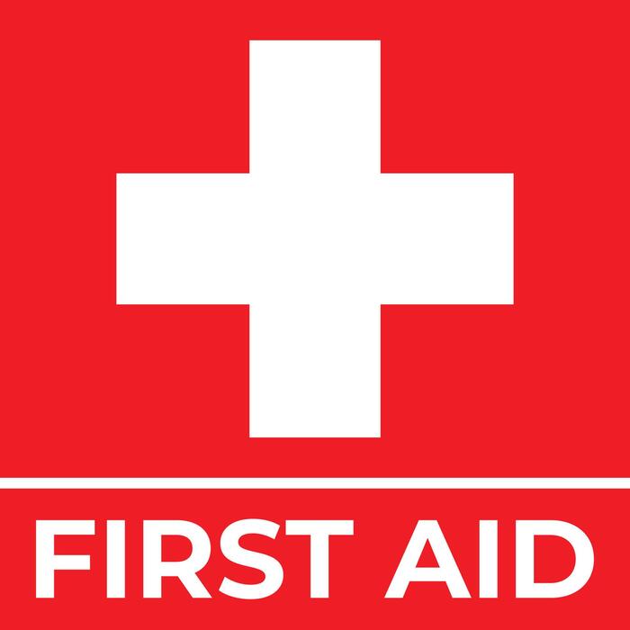  White First Aid cross on a red background with text below reading First Aid
