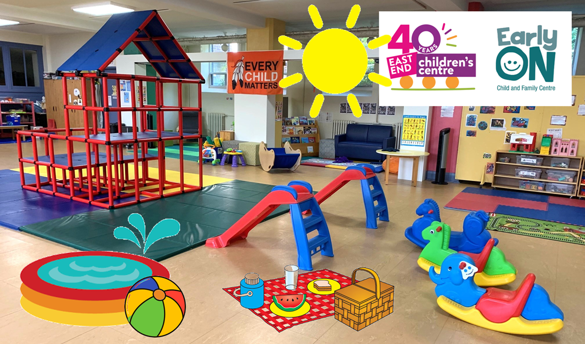 children's indoor play space with climbing structure to the left and toddler slides and rocking horses on the right with cliparts added showing a child's pool and a beach ball and a picnic and a big yellow sun