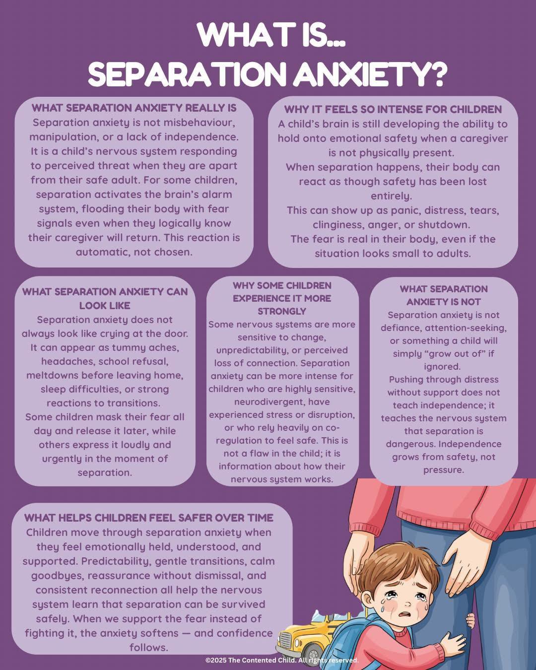 Title reads What is Separation Anxiety above more text boxes and an image of a sad child clinging to a caregiver