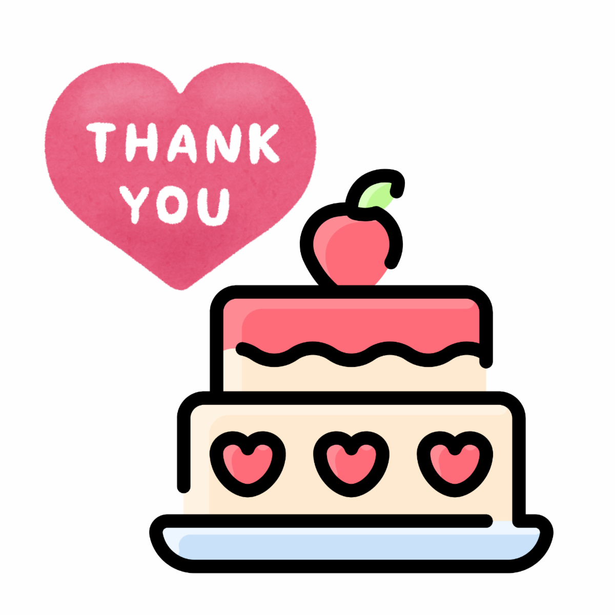 pink and white birthday cake next to a pink heart with text reading Thank You