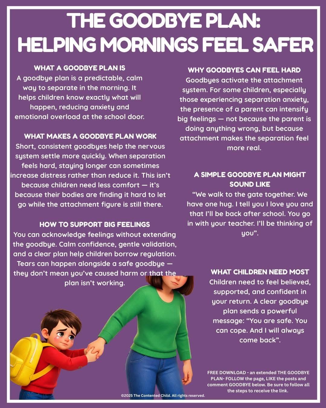 text reads The Goodbye Plan Helping Mornings Feel Safer  above more text and an image of an adult leading a child wearing a backpack by the hand