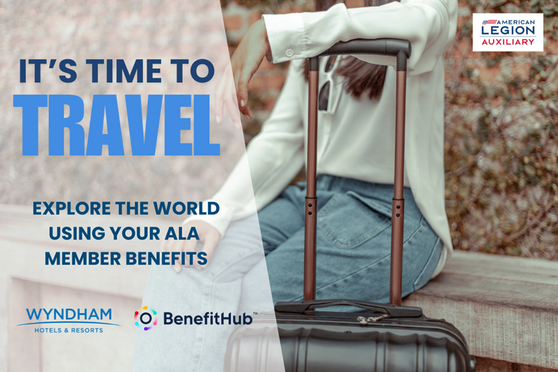 Woman with suitcase | Headline: It's Time to Travel
