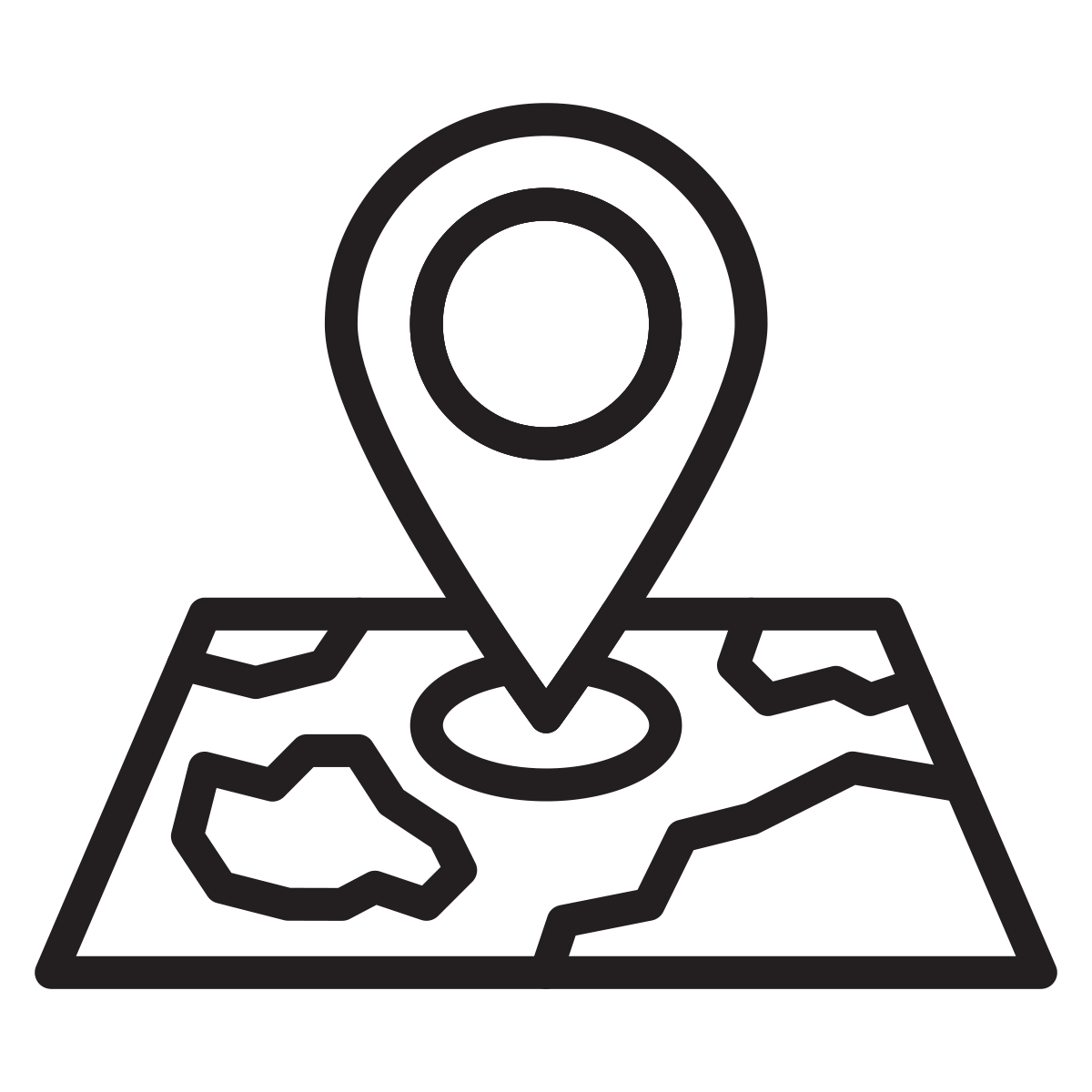 An outline of a map with a location bubble above it, serving as an icon for the BRPC GIS and Data Services program 