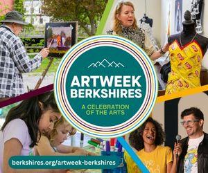 A collage of images featuring people of various ages participating in artistic activity, with a round logo in the middle reading ArtWeek Berkshires, A Celebration of the Arts.
