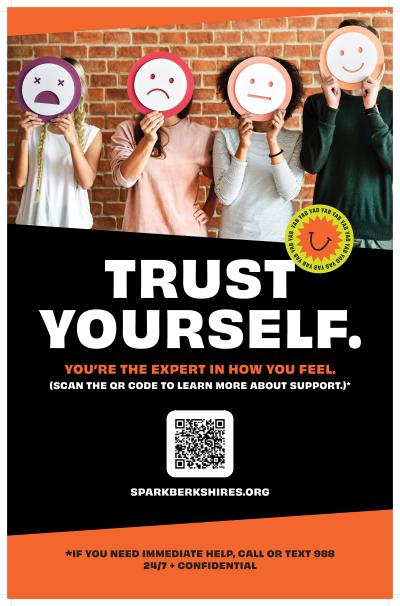 Image of a poster with the headline Trust Yourself You Are the Expert in How You Feel and four youth holding masks with varying emotional expressions in front of their faces