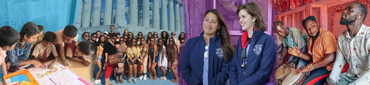 A collage depicting student learning and students in front of ancient columns and two students in matching jackets and men playing drums